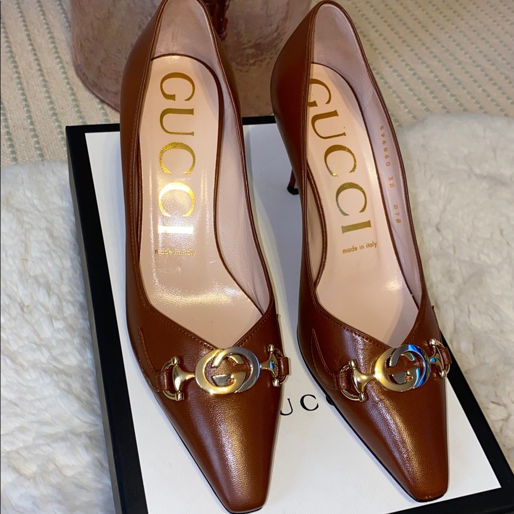 Gucci Brown Leather Heels with GG Horsebit Accents